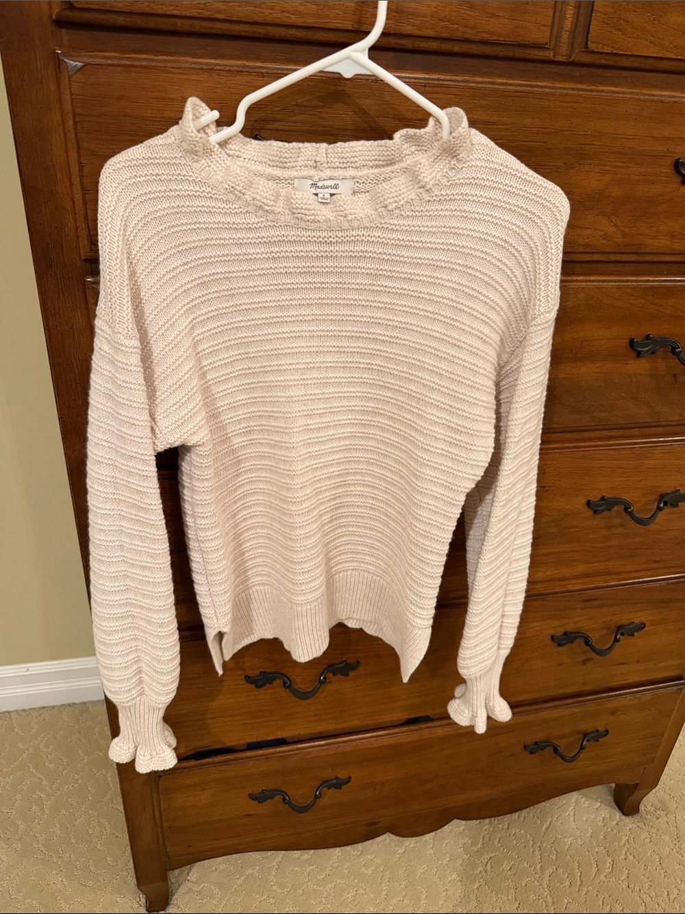 Madewell Light Cream Ribbed Crewneck Sweater with Ruffle Cuffs